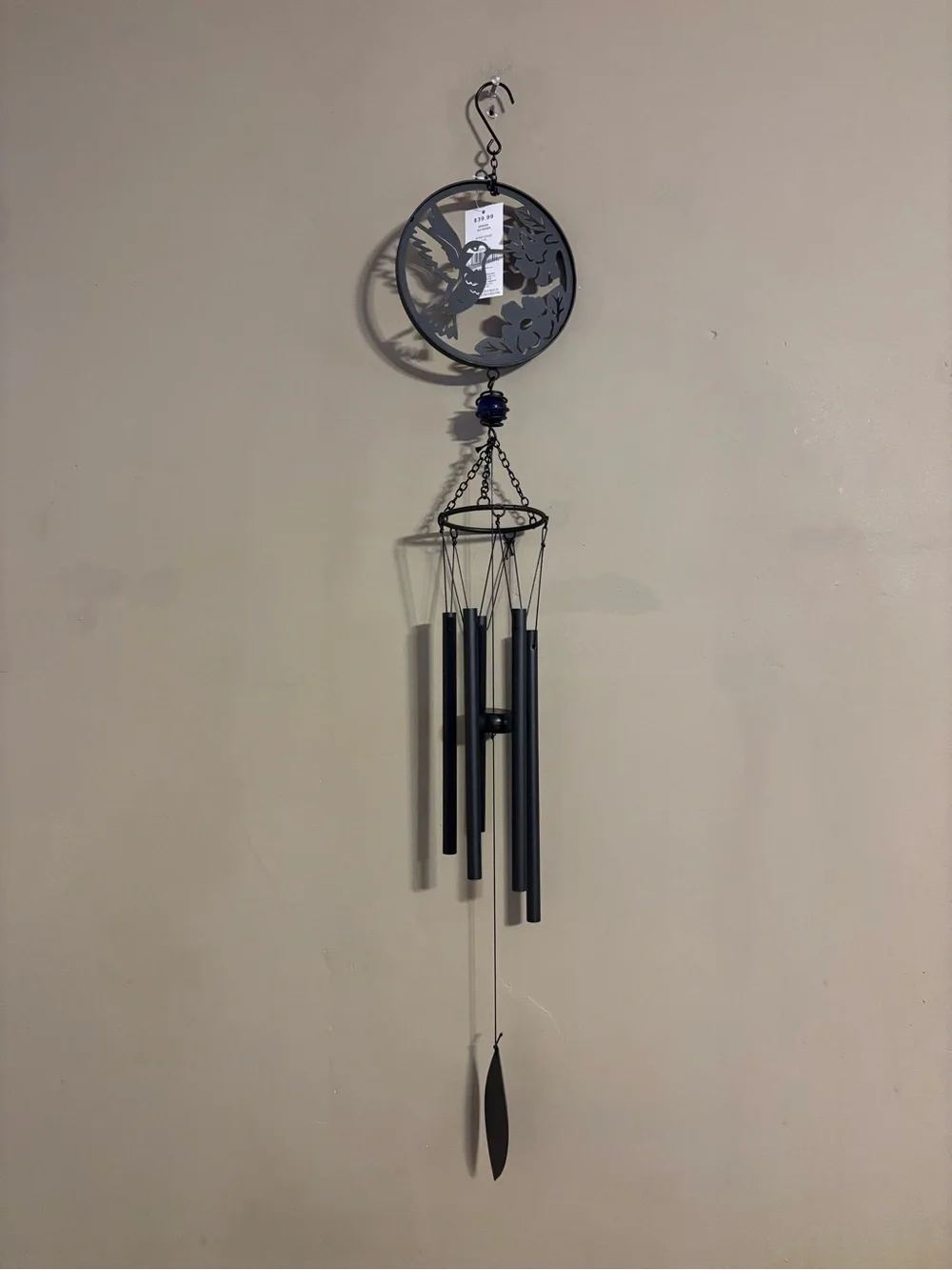 New Outdoor Metal Hummingbird Wind Chime - Black w/ Blue Glass Ball, 40” long
